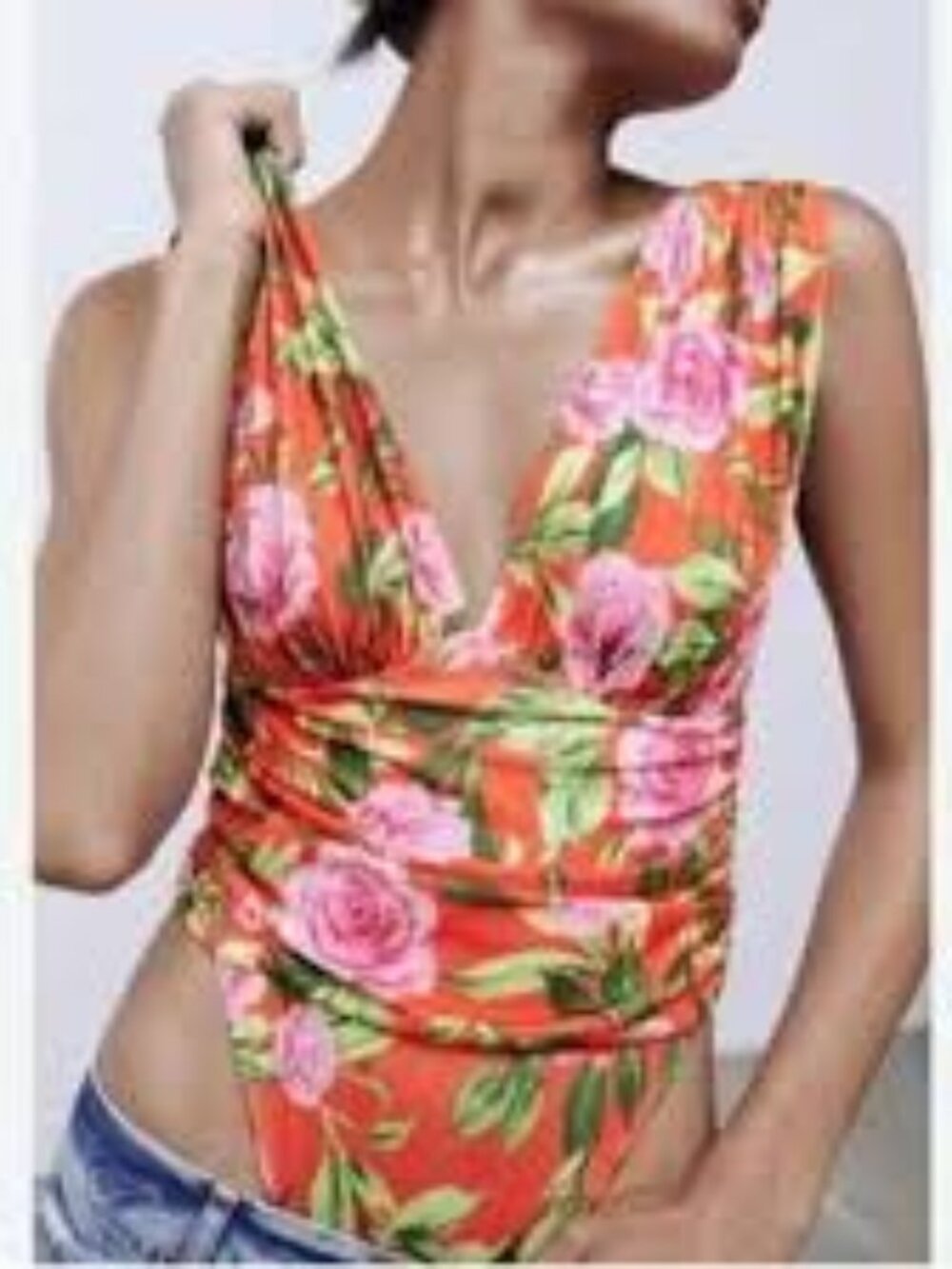 NWT ** ZARA Women's Orange Red Floral Ruched Deep V-Neck Bodysuit ** Size S